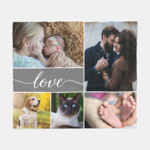 Love Script Mod Grey Family Photo Collage Fleece Blanket