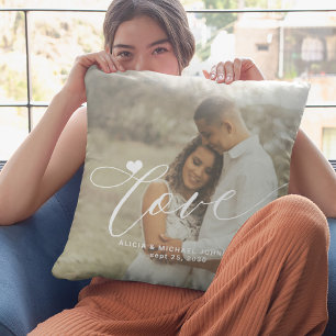 Love script modern 2 photo heart personalized throw pillow
