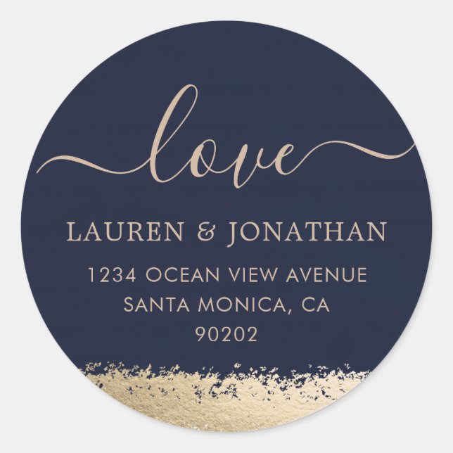 Love Script, Navy and Gold Foil Wedding Classic Round Sticker (Front)