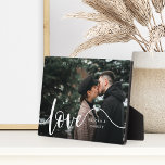 Love Script Overlay Couples Personalized Photo Plaque<br><div class="desc">Create a sweet keepsake of your wedding,  honeymoon or special moment with this beautiful custom plaque that's perfect for couples. Add a favourite horizontal photo,  with "love" aligned at the left in elegant white script lettering,  and your names tucked into the design.</div>
