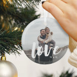 Love Script Overlay Personalized Couples Photo Glass Ornament<br><div class="desc">Create a sweet keepsake of your wedding,  engagement,  anniversary,  honeymoon or special moment with this custom ornament that's perfect for couples. Add a favorite photo with "love" overlaid in casual brush script hand lettering,  and your initials beneath.</div>