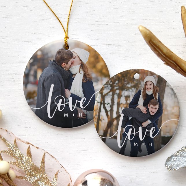 Love Script Overlay Photo & Initials Ceramic Ornament (Creator Uploaded)