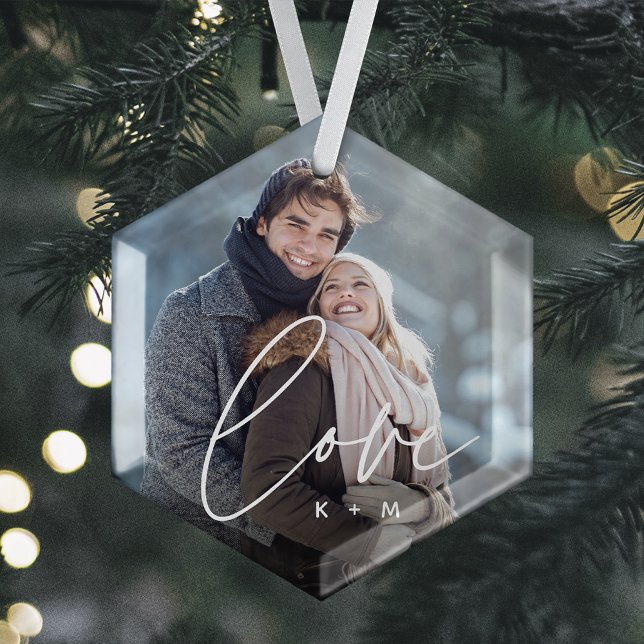 Love Script Overlay Photo & Initials Glass Ornament (Creator Uploaded)
