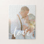 Love Script Overlay Photo Jigsaw Puzzle<br><div class="desc">Customize this photo puzzle with a favourite vertical or portrait oriented wedding or engagement photo,  with "love" splashed across as a text overlay in white calligraphy script lettering.</div>
