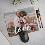 Love Script Overlay Photo Mouse Pad<br><div class="desc">Create a sweet keepsake of your engagement,  wedding,  or special moment with this cute photo mousepad. Add your favourite horizontal / landscape oriented photo with "love" overlaid in white handwritten style modern calligraphy lettering.</div>