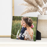 Love Script Overlay Photo Plaque<br><div class="desc">Simple and modern wedding photo keepsake plaque features your favourite horizontal or landscape oriented photo with "love" as a white text overlay in hand lettered calligraphy script.</div>