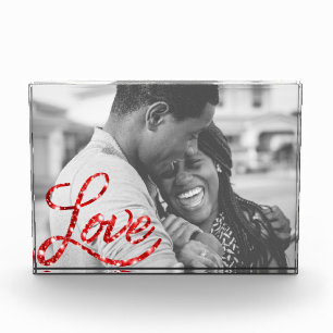 Love Script Red Glitter Modern Calligraphy Heart Photo Block