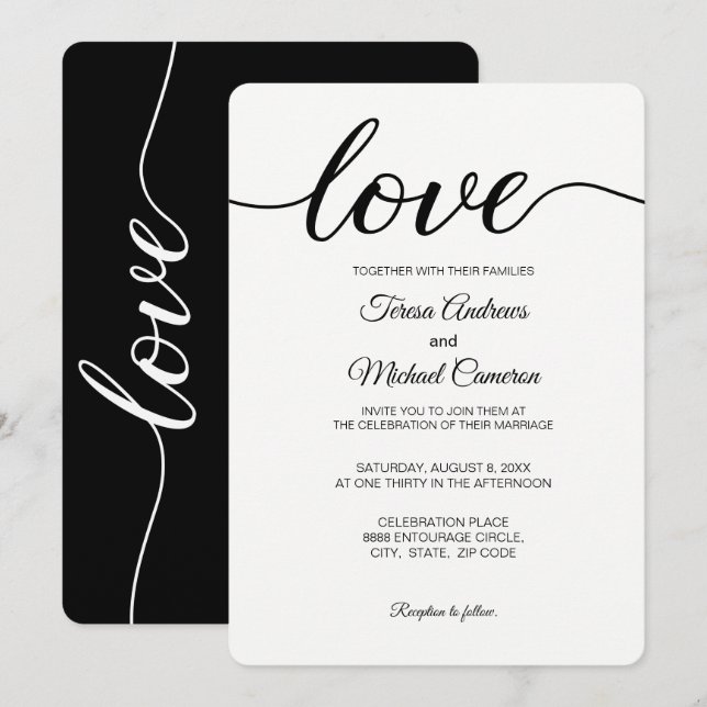 Love Script Wedding typography black and white Invitation (Front/Back)