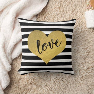 Love Script With Gold Heart And Stripes Throw Pillow