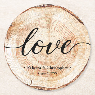 Love Script Wood Slice Rustic Wedding  Round Paper Coaster