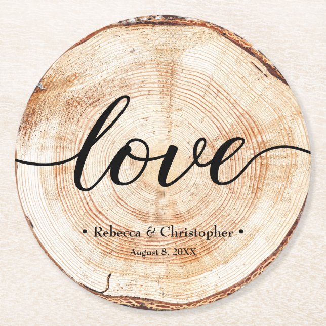 Love Script Wood Slice Rustic Wedding  Round Paper Coaster (Front)