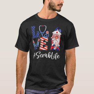 Love Scrub Life Nurse Gnome American Flag 4th Of J T-Shirt