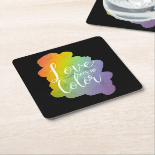 Love Sees No Colour Quote Rainbow Black Square Paper Coaster