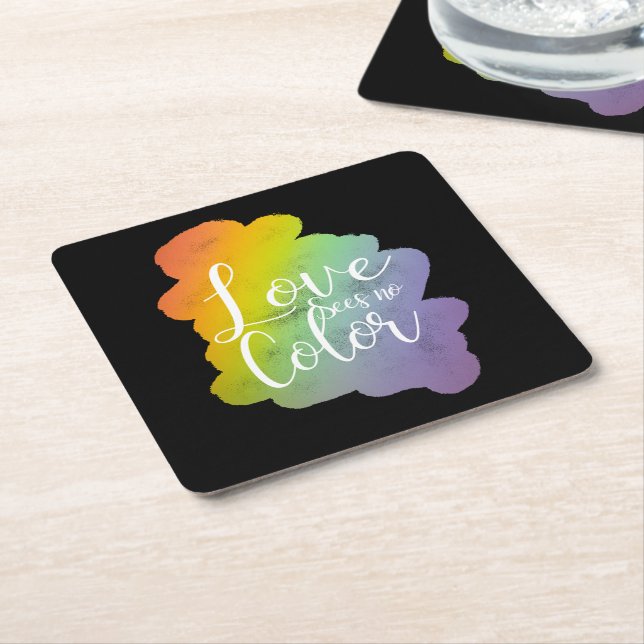 Love Sees No Colour Quote Rainbow Black Square Paper Coaster (Angled)