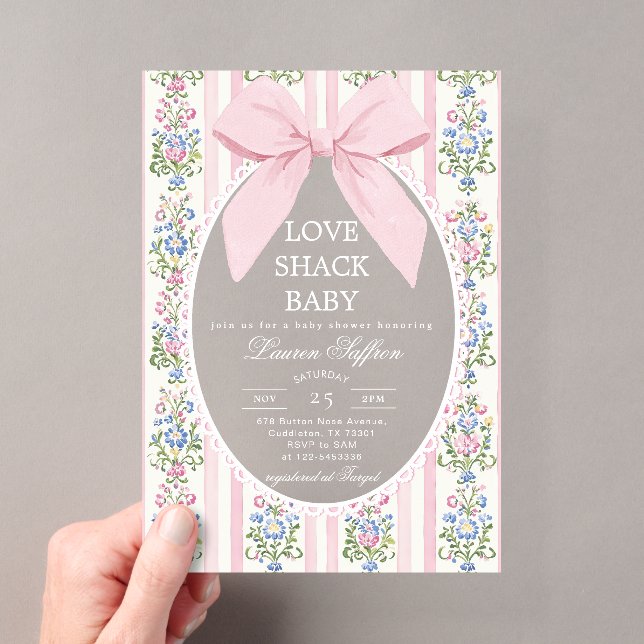 Love Shack Baby Pink Bow Floral Baby Shower Acrylic Invitations (Insitu (Handheld))