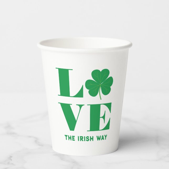 Love Shamrock Clover Irish Custom Text Green White Paper Cups (Back)