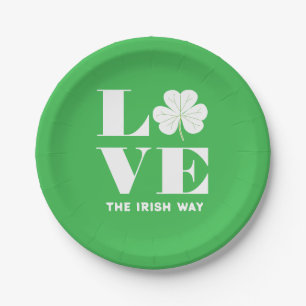 Love Shamrock Clover Irish Green White Custom Text Paper Plate