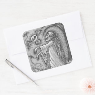 LOVE SICK GIRL ZOMBIE FOLLOWING HER HEART, WHIMSY SQUARE STICKER