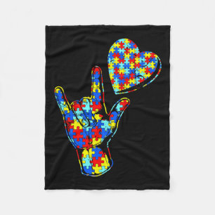 Love Sign Language Autism Awareness Puzzle Kindnes Fleece Blanket