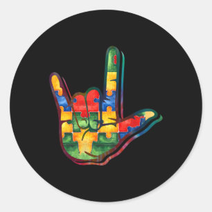 Love Sign Language Autism Awareness Support Puzzle Classic Round Sticker