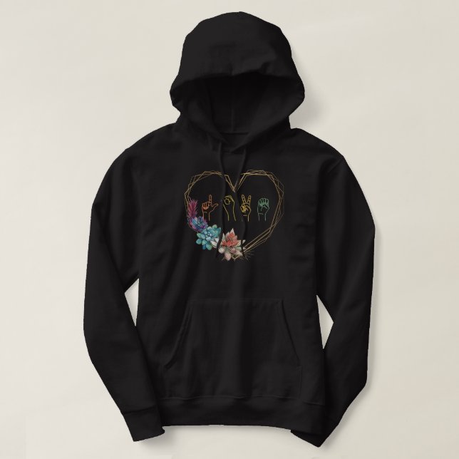 Love Sign Language Floral Heart ASL Valentine's Da Hoodie (Design Front)