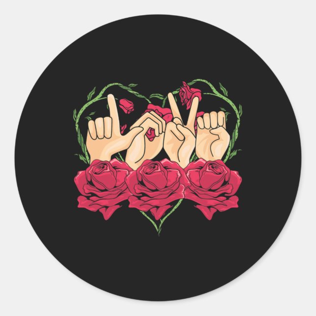 Love Sign Language Rose Heart ASL Awareness Deaf P Classic Round Sticker (Front)