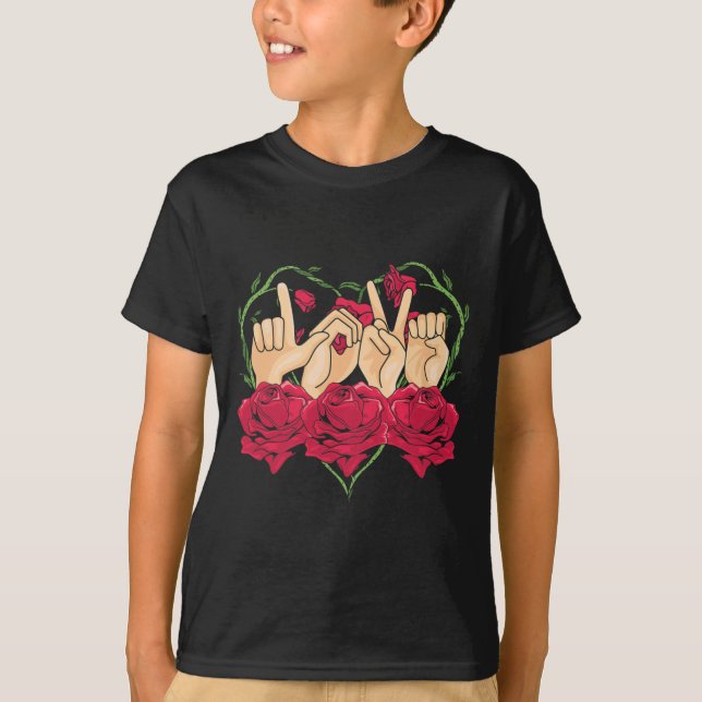 Love Sign Language Rose Heart ASL Awareness Deaf P T-Shirt (Front)