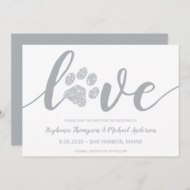 Love Silver Glitter Paw Print Wedding Save The Date (Front/Back)