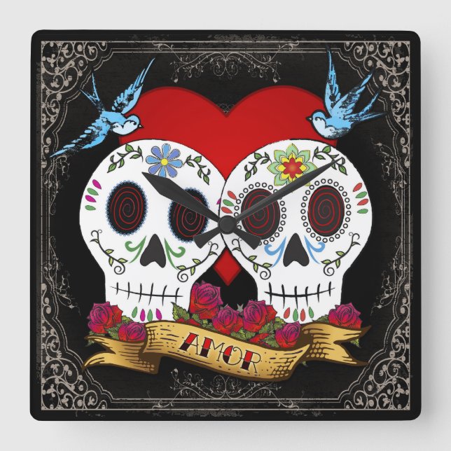 Love Skulls Square Wall Clock (Front)