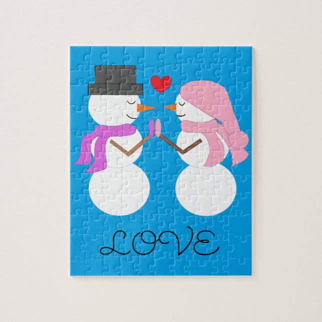 Love & Snowpeople:  Blue-green Christmas Jigsaw Puzzle (Vertical)