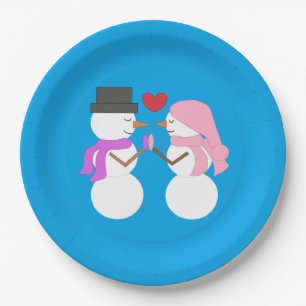 Love & Snowpeople - Blue-green:  Christmas Party Paper Plate