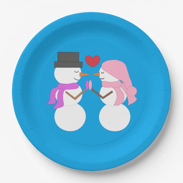 Love & Snowpeople - Blue-green:  Christmas Party Paper Plate (Front)