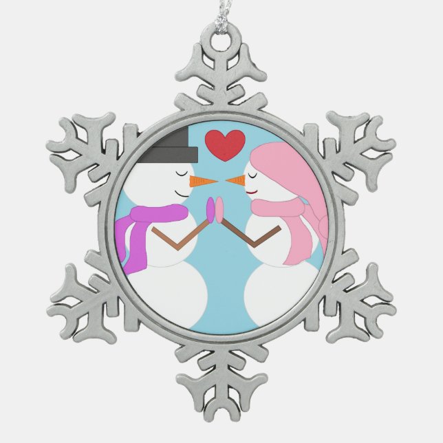 Love & Snowpeople: Light Blue Snowflake Pewter Christmas Ornament (Front)