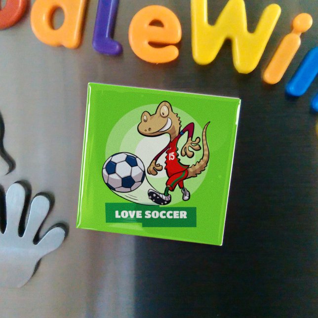 Love Soccer Cute Gecko Funny Soccer Player Cartoon Magnet (Creator Uploaded)