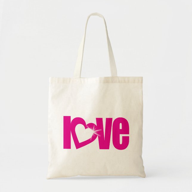 "love" sparkle pink graphic text tote bag (Front)