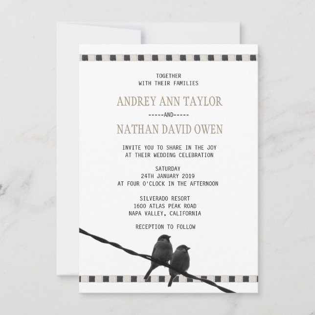 Love - Sparrow Pair B&W Photo Love Quote Wedding Invitation (Front)