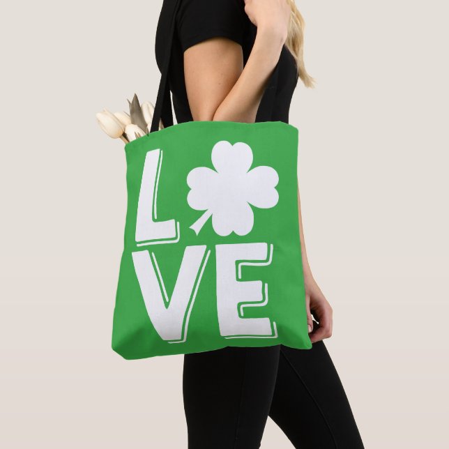 Love St. Patrick's Day Cute Green Shamrock Tote Bag (Close Up)