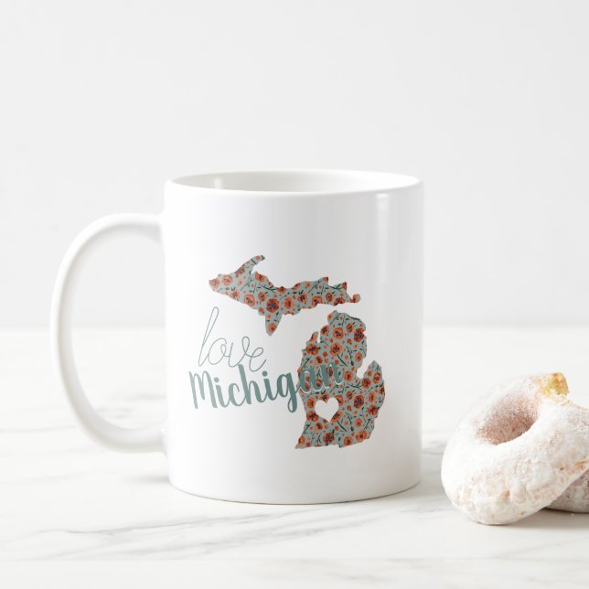 Love State Of Michigan Poppies Floral Pattern Coffee Mug (With Donut)
