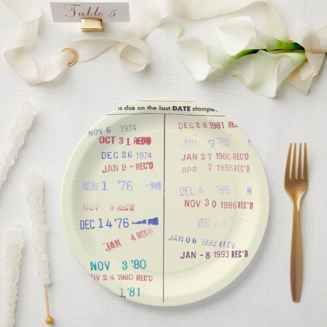 Love Story Due Date Library Card Wedding Paper Plate (Wedding)