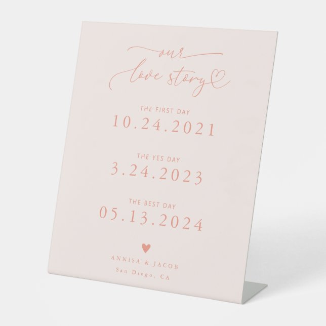 Love Story Heart Script Peach Wedding Timeline Pedestal Sign (Front)