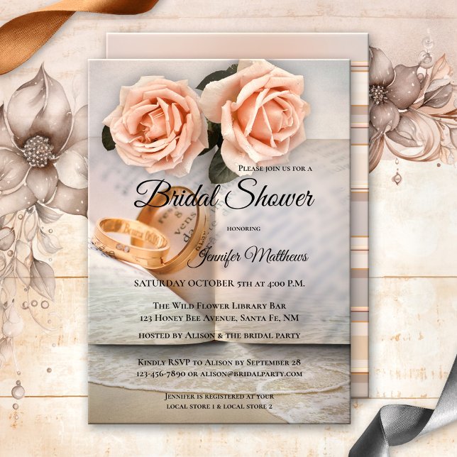 Love Story Romance Book Bridal Shower Invitation (bridal shower invitation featuring books with peach roses, wedding rings and a beach overlay)