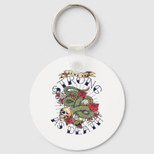 Love Strong As Death Vintage Skull Snake Red Roses Keychain