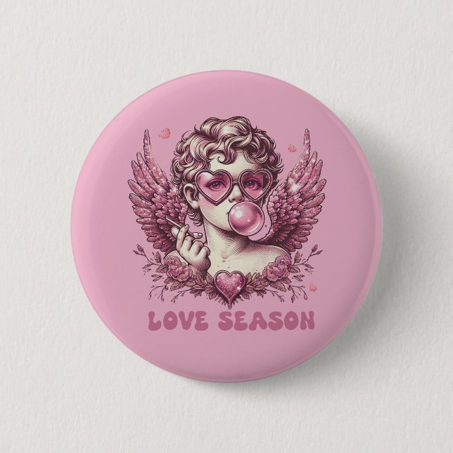 Love-Struck Cupid with Pink Glasses and Bubble Gum 2 Inch Round Button (Front)