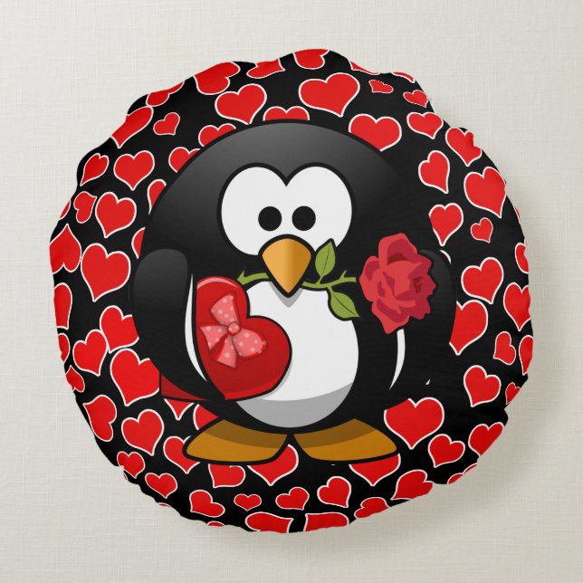 Love Struck Penguin Valentine Round Pillow (Back)