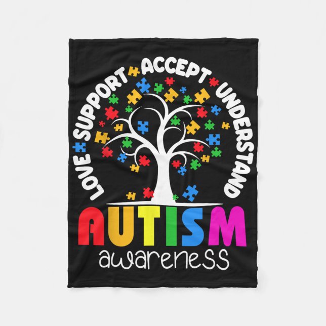 Love Support Accept Understand Puzzle Tree Autism  Fleece Blanket (Front)