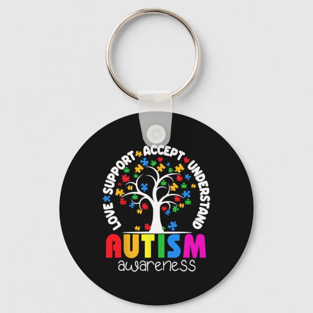 Love Support Accept Understand Puzzle Tree Autism  Keychain (Front)