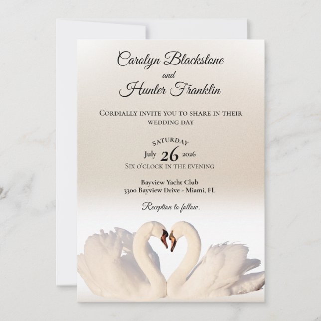Love Swans on White and Cream Wedding  Invitation (Front)