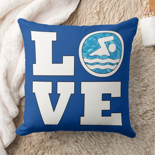 LOVE Swimming Cute Swimmer or Swim Team Coach Throw Pillow (Blanket)