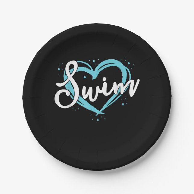 Love Swimming Swim Team  Heart Lover Blue Swimmer Paper Plate (Front)