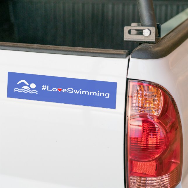Love swimming white on blue bumper sticker (On Truck)